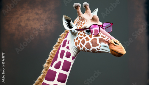 giraffe wearing the gentleman suit and pink glasses photoshoot