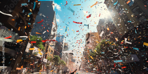 New York City ticker - tape parade, confetti falling, focus on a key float