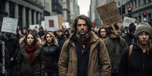 protest march, people holding signs, a sense of unity