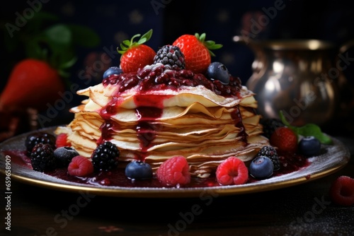 Tangy Crepes berries jam. Cooking dessert. Generate Ai