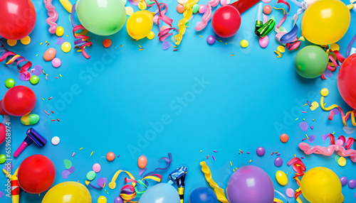 Multicolored carnival or birthday background on blue with a frame of colorful party balloons, streamers, confetti and candy.