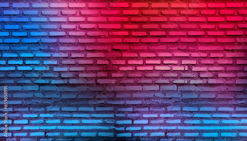 Neon light on brick walls that are not plastered background and texture. Lighting effect red and blue neon background