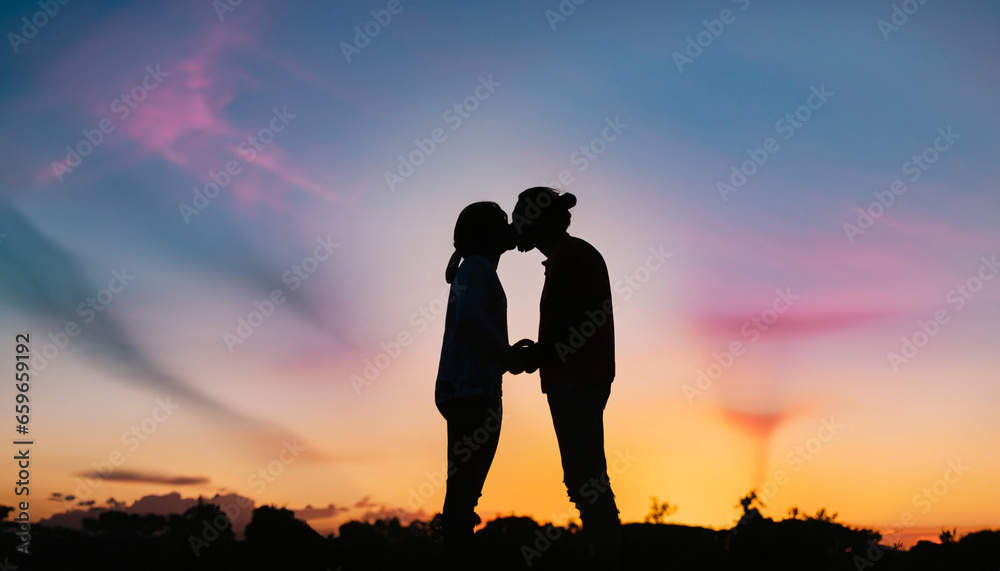 Silhouette of a couple sharing a kiss against a colourful sunset