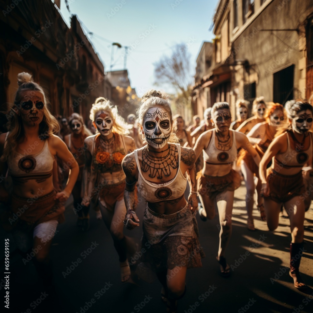Marathon runners dressed up for the Day of the Dead
