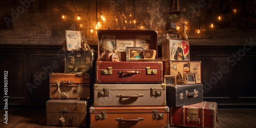 Vintage suitcases stacked aesthetically, adorned with travel stickers from the 1930s, rustic leather and metal details, warm incandescent lighting photo