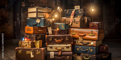 Vintage suitcases stacked aesthetically, adorned with travel stickers from the 1930s, rustic leather and metal details, warm incandescent lighting
