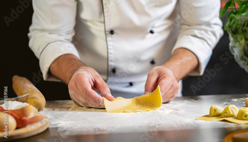professional chef hands wrapping and filling preparing ravioli dough pasta dish and arrange and decorate it as a wide banner for fine dining in italian cuisine food restaurant concepts