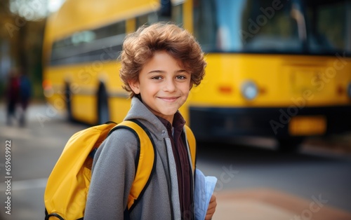 Smiling and happy child boy with his backpack and a book in his hand in front of school bus