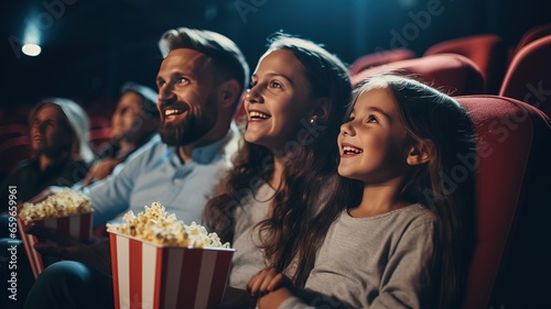 happy parent with kids watching an exciting movie. A young joyful couple with their daughter in the cinema.AI