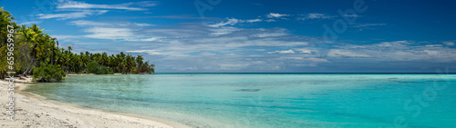 Fototapeta Naklejka Na Ścianę i Meble -  Tranquil Tropical Paradise: Beach with Palm Trees and Clear Blue Ocean of Rangaria, French Polynesia 