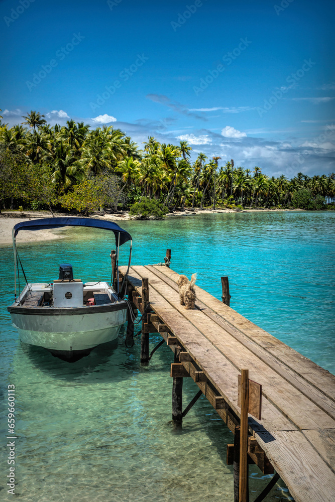 Tranquil Coastal Beauty: Sunlit Bay and Boat on Nature's Rangaria, French Polynesia