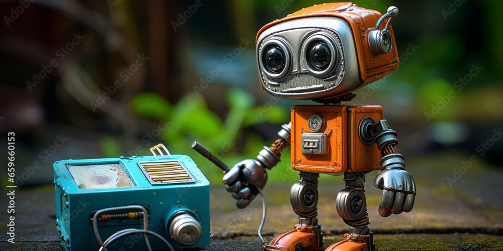 Fototapeta premium Cute AI: A Small Electric Toolbox Robot with a Wrench, Demonstrating Innovation in Harmless AI Technology, Ready to Assist and Bring Cuteness to Tasks