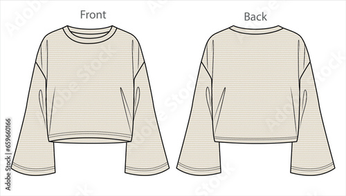 Vector long sleeved oversized top fashion CAD, woman boxy shape round neck with bell sleeves sweatshirt technical drawing, template, mock up, flat. Mesh sweater with front, back view, white color