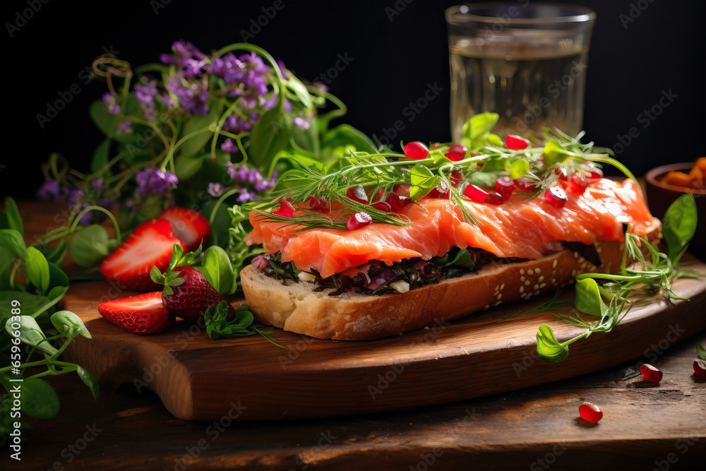 Traditional preppy lunch made at home. baguette stuffed with fresh vegetables and fish Traditional preppy lunch made at home. baguette stuffed with fresh vegetables and fish