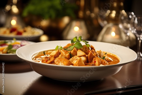 A high-end plating of Massaman Curry with elegant garnishes and delicate arrangement, showcasing the culinary artistry and sophistication of the dish.