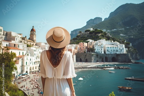 A girl in a light dress and a beautiful hat on vacation, rear viewю Honeymoon concept