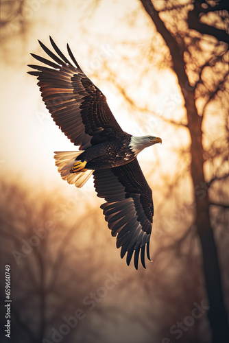 Eagle at Dusk: A Majestic Flight Against a Fiery Sunset