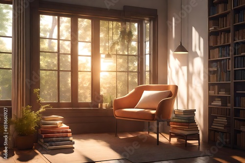 A photorealistic 3D rendering of an inviting reading nook by a window, with sun rays illuminating a stack of books.