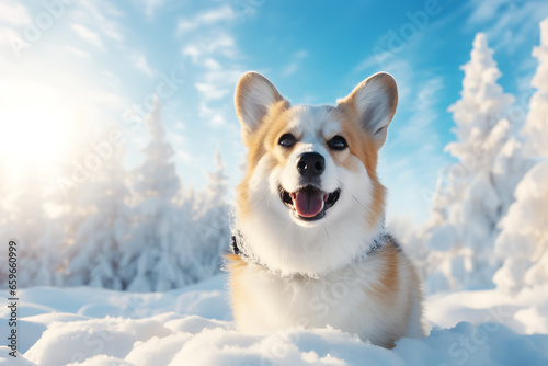 Happy corgi in the winter forest sitting in the snow and posing for the camera