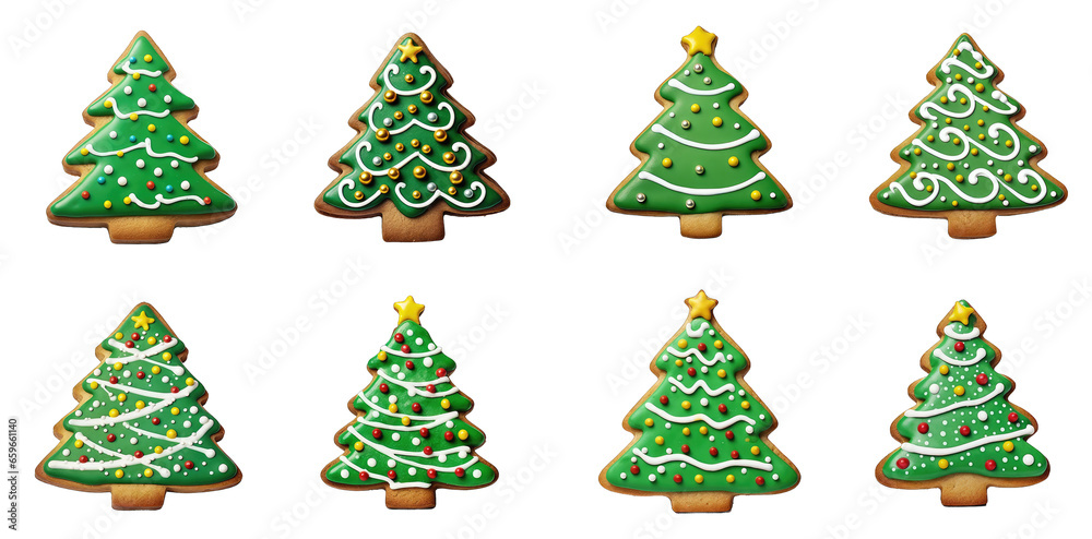 Cute Set of Christmas Tree Sugar Cookies on transparent background, png - Generative AI