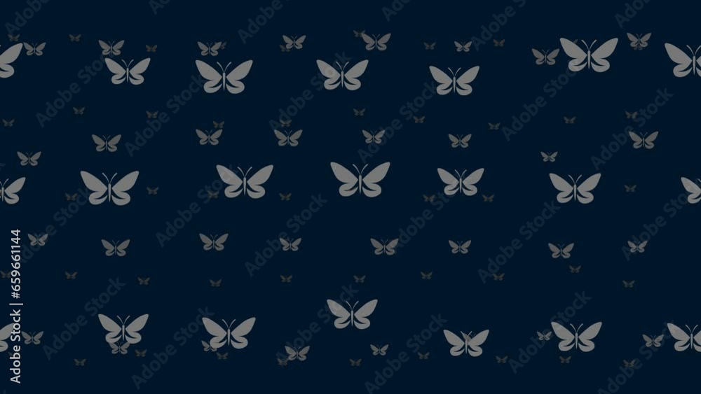 Butterfly symbols float horizontally from left to right. Parallax fly effect. Floating symbols are located randomly. Seamless looped 4k animation on dark blue background Butterfly symbols float horizontally from left to right. Parallax fly effect. Floating symbols are located randomly. Seamless looped 4k animation on dark blue background