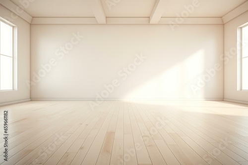 A modern empty room with white walls and white wood floor. Generative AI