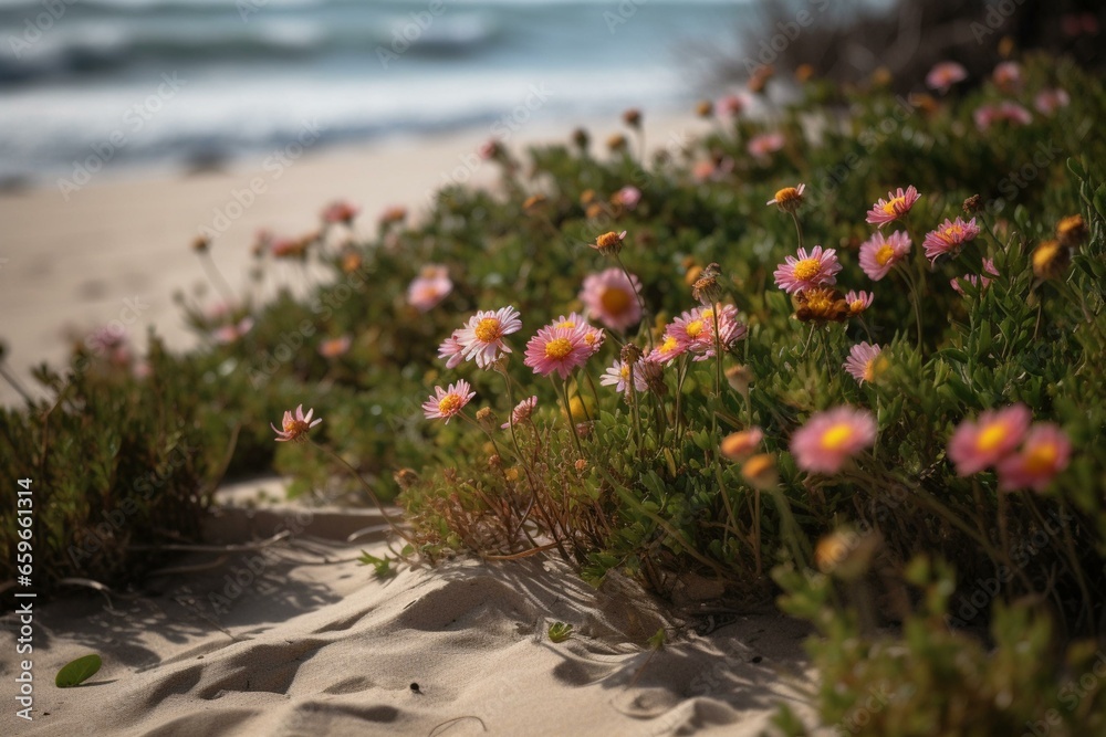 floral blooms on sandy shore. Generative AI