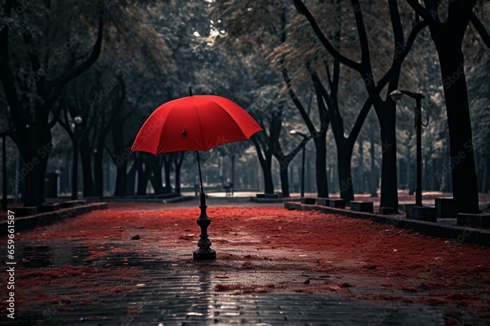 red umbrella on road in public park. Generative AI