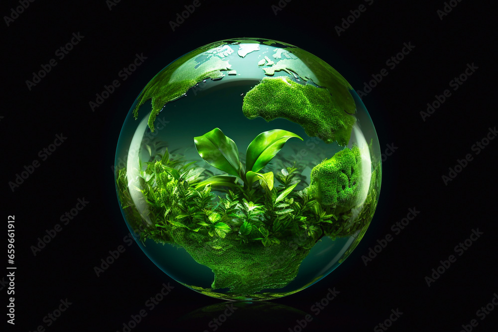 Environmental concept with a green glass ball containing a plant, isolated on black. Close-up of a green glass ball with plant inside, against a black background, eco concept