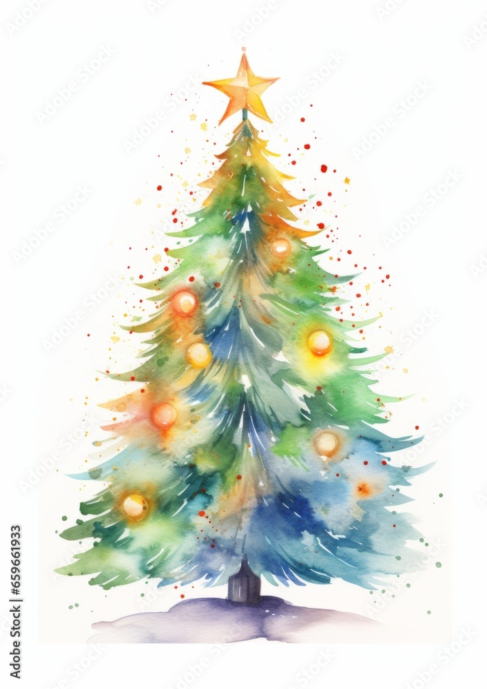 Christmas tree glowing with ornaments watercolor illustration isolated on white with snow. Portrait layout.