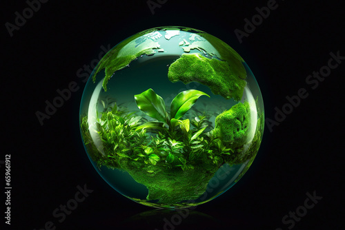 Obraz na płótnie Environmental concept with a green glass ball containing a plant, isolated on black. Close-up of a green glass ball with plant inside, against a black background, eco concept w salonie