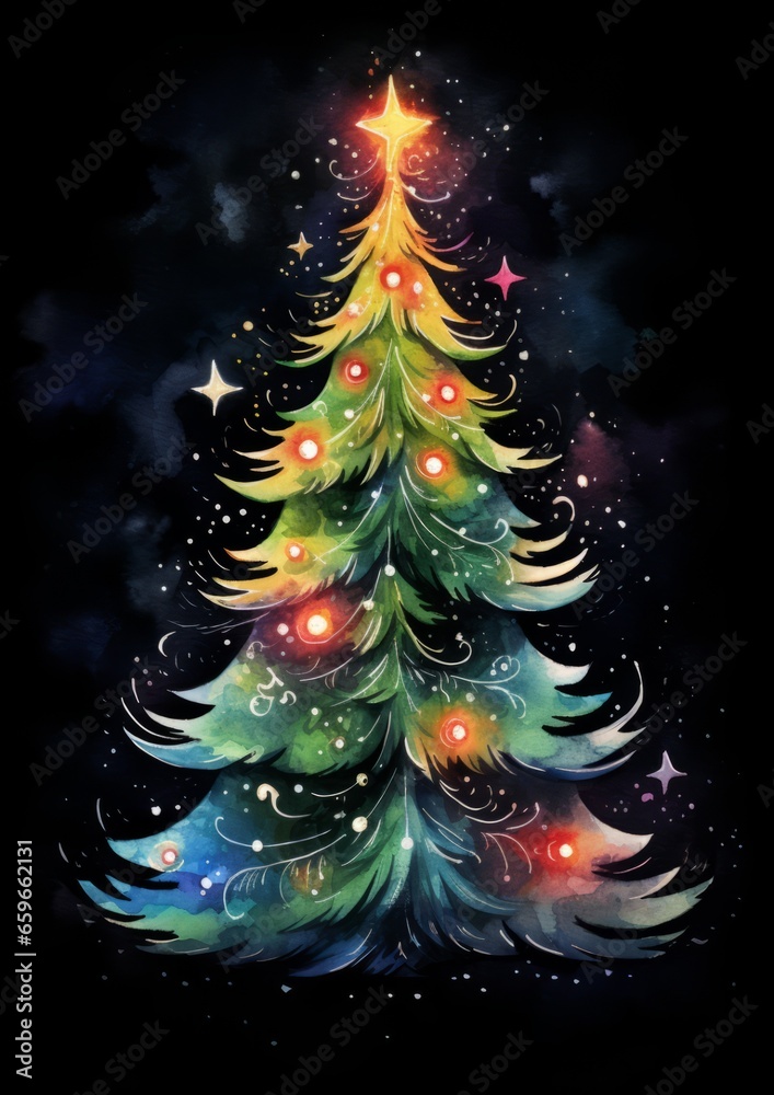 Christmas tree with red lights watercolor illustration on a black background with a golden star. Portrait orientation. Perfect for a holiday card.