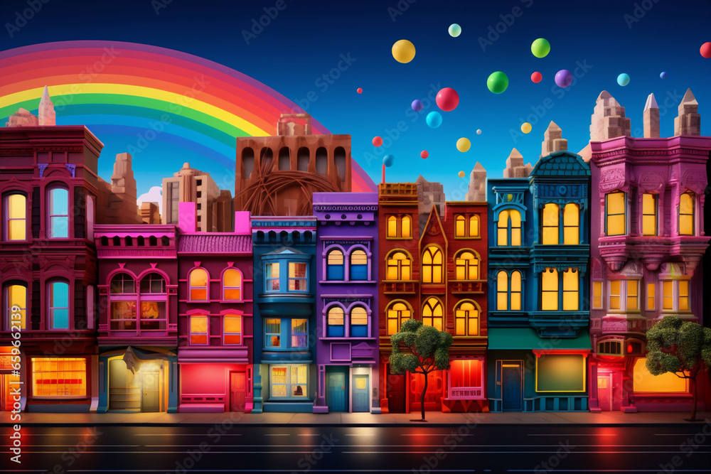 City view with rainbow in sky above colorful houses. LGBTQ symbolism. Copy space