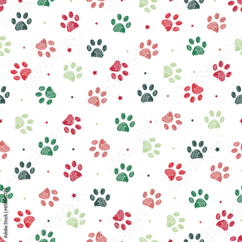 Christmas colored paw prints seamless pattern
