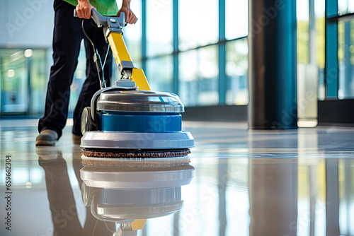 Worker polishing hard floor with high speed polishing machine photo