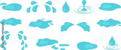Water puddle, spill rain drop, blue splash liquid. Cartoon paint, oil drip. Cry tear and sweat blob isolated on white background. Abstract vector illustration
