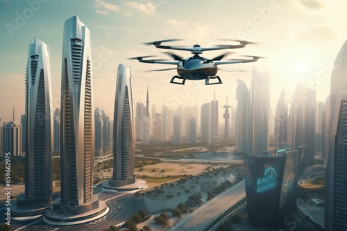 A futuristic city in Dubai with flying cars and advanced drones. Generative AI photo