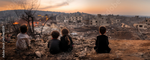 kids sitting in front of city burned destruction of an aftermath war conflict, earthquake or fire and smoke of political world war against children innocence concept as banner with copyspace