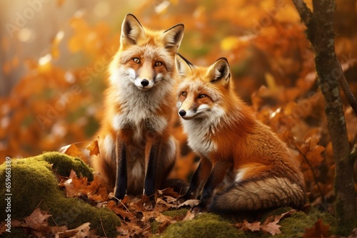 Two red foxes in their natural habitat, showcasing the beauty of wildlife. A charming creature in its environment. Generative AI © Cecilia