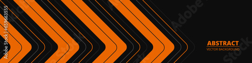 Black abstract wide horizontal banner with orange and gray lines, arrows and angles. Dark modern sporty bright futuristic horizontal abstract background. Wide vector illustration.