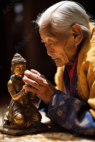 image of an old woman praying to an idol, buddha. her eyes are closed and her hands touch the image. copy space, thailand