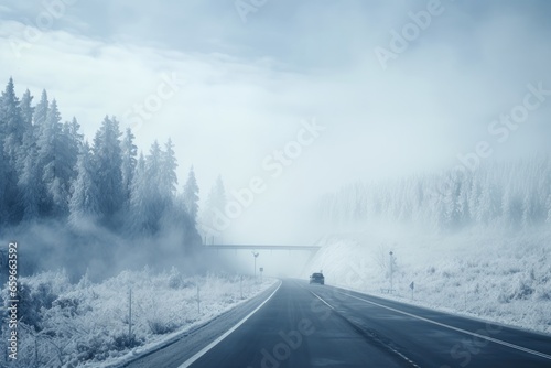 the fog covered highway is covered in snow Generative AI © SKIMP Art