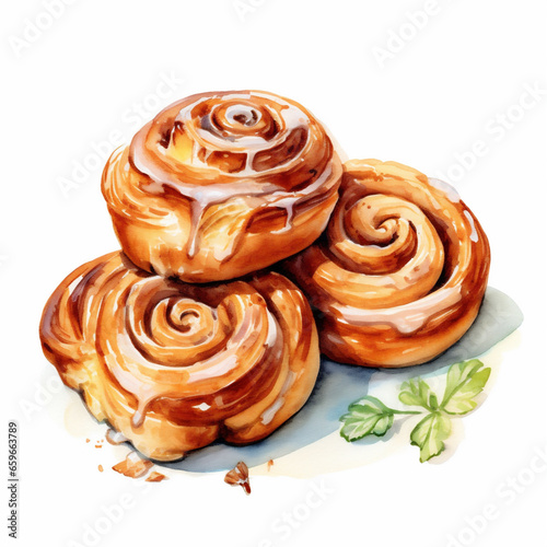 Traditional autumn cinnamon rolls with vanilla cream. Rustic watercolor hand painted illustration isolated on white background for menu design, print, social media