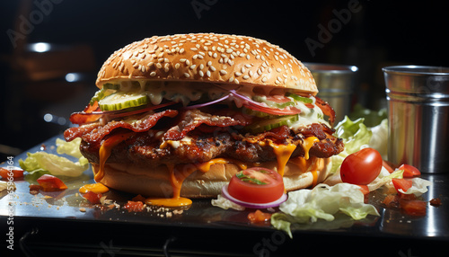 Grilled gourmet cheeseburger with fresh vegetables and crispy fries indoors generated by AI