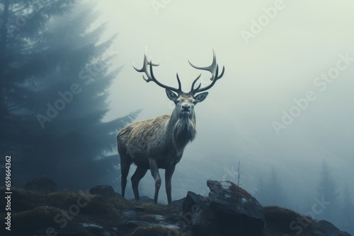 Ethereal photograph of a deer appearing through the mist  capturing the mysterious beauty of nature and wildlife.