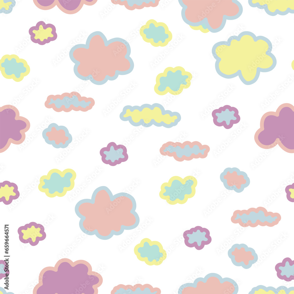 Cute cloud seamless pattern. Baby drawing cartoon wallpaper. Hand drawn clouds in pastel colors. Adorable birthday background in kawaii style. Vector illustration on transparent background