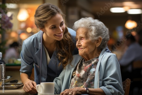 A compassionate nurse administering care to elderly residents in a nursing home, emphasizing the importance of geriatric medicine and quality of life in old age photo