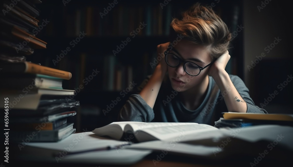 Caucasian student reading textbook in library, tired generative AI - obrazy, fototapety, plakaty 