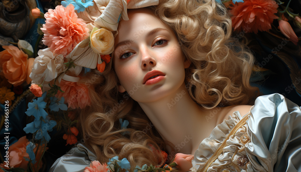 Beautiful caucasian fashion model exudes elegance and sensuality outdoors generated by AI Beautiful caucasian fashion model exudes elegance and sensuality outdoors generated by AI
