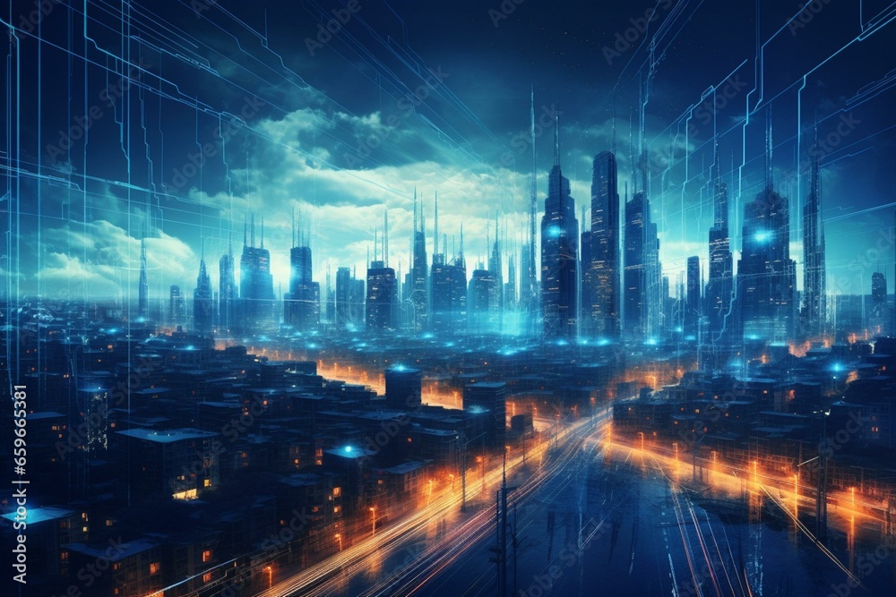 Futuristic cityscape with glowing blue circuit board-like electric lines against a digital sky. Generative AI
